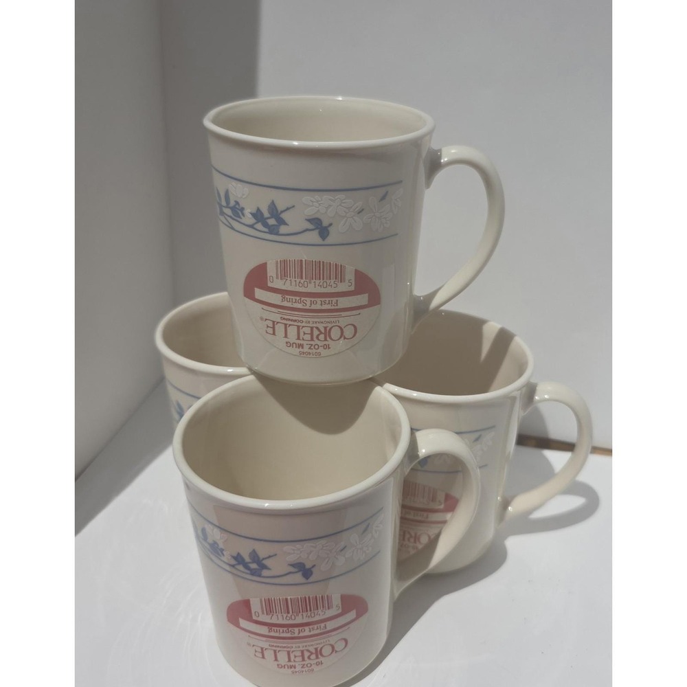 VTG Corelle First of Spring 10 Oz Coffee Mugs Set 4 Corning USA Blue Floral NOS